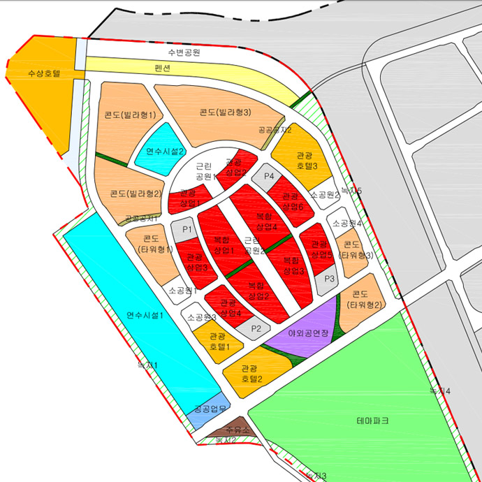 관광레저1지구 개발 구상도(복합상업시설, 숙박시설, 테마파크, 연수시설 등으로 구성)