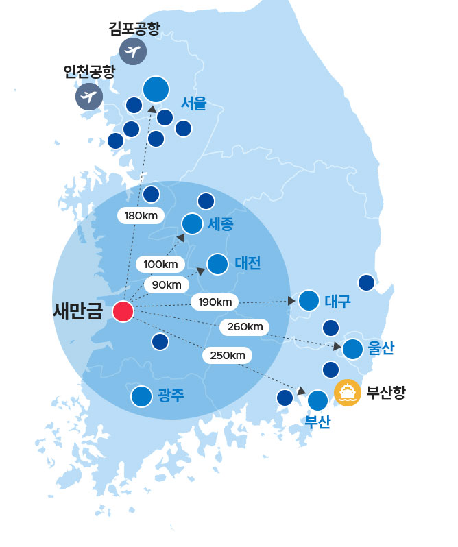 새만금에서 주요 도시까지의 이동 용이성 표시도